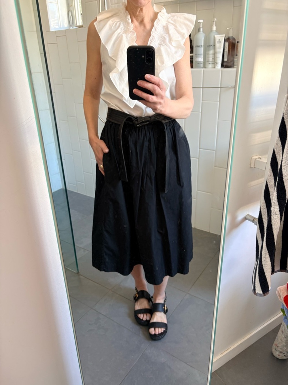 Organic by John Patrick Black Cotton Pull-on Midi Skirt